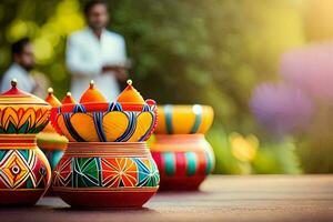 colorful diyas are sitting on a table. AI-Generated photo