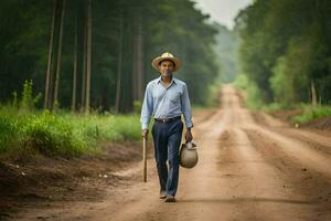 un hombre con un sombrero y un Cubeta camina abajo un suciedad la carretera. generado por ai foto