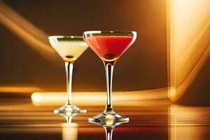 two cocktails sit on a table with a bright light. AI-Generated photo