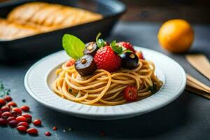 a plate of pasta with berries and tomatoes. AI-Generated photo