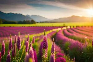 a field of purple flowers at sunset. AI-Generated photo