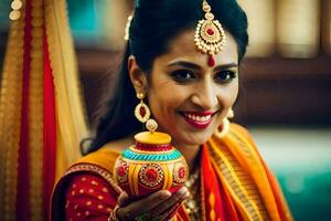 un hermosa indio novia participación un maceta. generado por ai foto