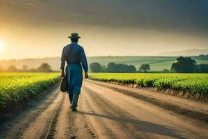 a man walking down a dirt road in a field. AI-Generated photo