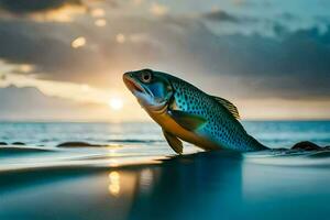 a fish is standing on the beach at sunset. AI-Generated photo