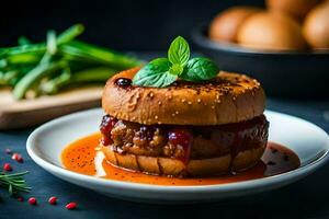 a hamburger with sauce and green beans on a plate. AI-Generated photo