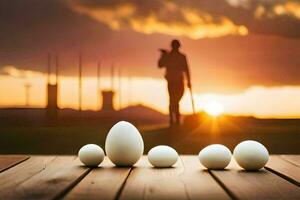 eggs on a table with a man in the background. AI-Generated photo