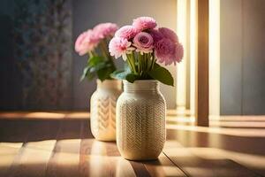two vases with pink flowers sitting on a wooden floor. AI-Generated photo