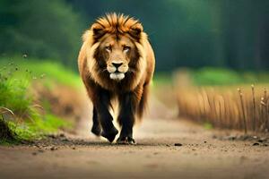 un león caminando abajo un suciedad la carretera en el bosque. generado por ai foto