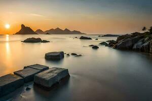 the sun sets over the ocean and rocks in the water. AI-Generated photo