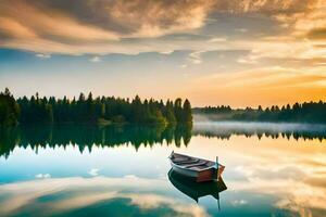 a boat is floating on a calm lake at sunset. AI-Generated photo