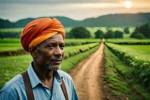 a man in a turban stands in the middle of a field. AI-Generated photo