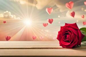 a red rose on a wooden table with hearts flying in the background. AI-Generated photo