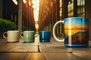 three coffee mugs on a wooden table with a sunset in the background. AI-Generated photo