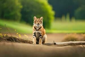 un Tigre sentado en un Iniciar sesión en el medio de un campo. generado por ai foto