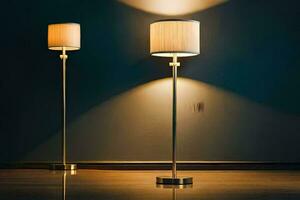 dos lamparas en un de madera piso en un oscuro habitación. generado por ai foto