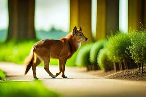 a dog walking along a path in the grass. AI-Generated photo