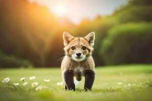 a baby fox is walking through a field of flowers. AI-Generated photo