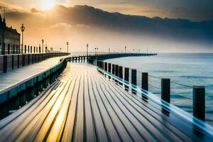 a long pier with the sun setting over it. AI-Generated photo