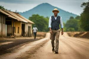 a man in a hat and vest walking down a dirt road. AI-Generated photo