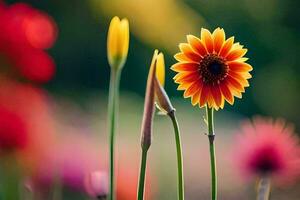 a single orange flower is standing in front of a field of red and yellow flowers. AI-Generated photo