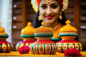 un mujer en tradicional indio atuendo es participación vistoso ollas. generado por ai foto