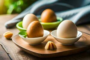 three eggs in bowls on a wooden table. AI-Generated photo