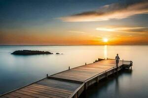 a man standing on a dock at sunset. AI-Generated photo