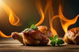 three chicken wings on a wooden table with fire. AI-Generated photo