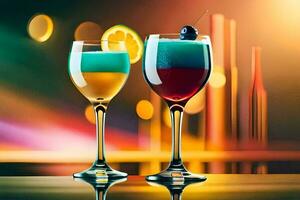 two glasses of colorful drinks with a colorful background. AI-Generated photo