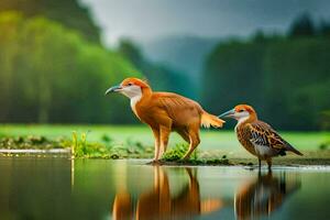 two birds standing in the water near a pond. AI-Generated photo