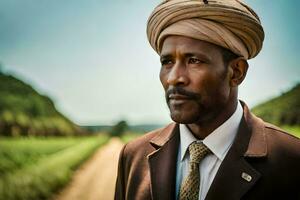 a man in a turban and suit standing on a dirt road. AI-Generated photo