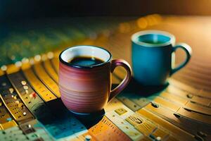 two coffee cups sit on a table in front of a microphone. AI-Generated photo