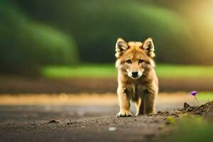 un pequeño marrón lobo es caminando en el la carretera. generado por ai foto