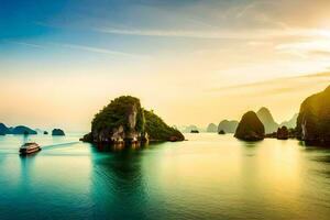 el Dom es ajuste terminado el agua en halong bahía. generado por ai foto