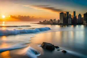 the city skyline is seen in the background as waves crash into the shore. AI-Generated photo
