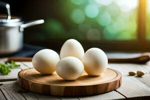 four eggs on a wooden cutting board. AI-Generated photo