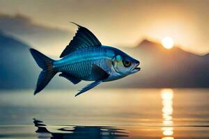 un pescado es volador terminado el agua a puesta de sol. generado por ai foto