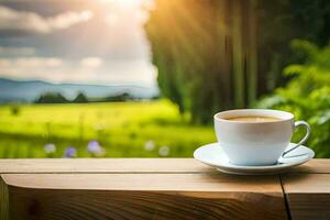 un taza de café en un de madera mesa en el campo. generado por ai foto