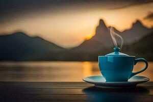 coffee cup, lake, mountains, sunrise, sunrise, sunrise, sunrise, sunrise, sunrise. AI-Generated photo