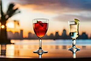 two glasses of wine on a table with a city skyline in the background. AI-Generated photo