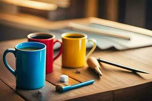 vistoso café tazas en un de madera mesa. generado por ai foto