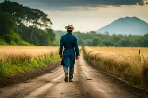 a man in a blue coat and hat walks down a dirt road. AI-Generated photo