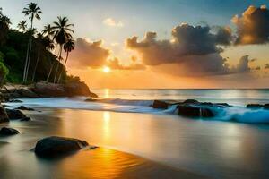 the sun sets over the ocean and rocks on the beach. AI-Generated photo