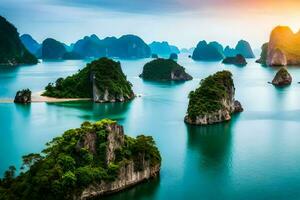 the sun sets over the water in halong bay. AI-Generated photo