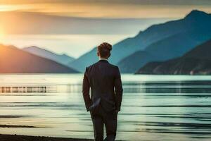a man in a suit stands on the shore of a lake at sunset. AI-Generated photo