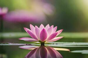 un rosado loto flor es reflejado en el agua. generado por ai foto