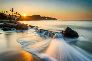 the sun sets over the ocean in this photo. AI-Generated photo