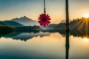 a flower hanging from a tree in front of a lake. AI-Generated photo
