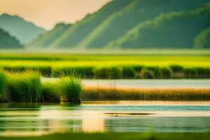 a lake with grass and trees in the foreground. AI-Generated photo