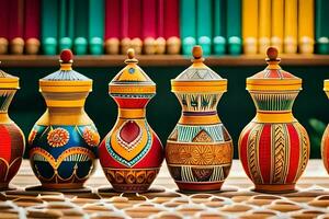 colorful vases are lined up on a table. AI-Generated photo
